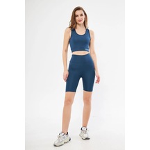 Lesa Wear Yüksek Bel Likralı Toparlayıcı Kısa Şort Tayt Crop Takım Mavi