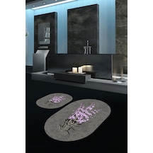 Buççin Online Mağaza Dijital Baskılı Kaymaz Taban Yıkanabilir Oval Banyo Takımı Klozet Takımı Polyester Gri Çok Renkli