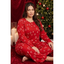Siyah İnci Yılbaşı Temalı Desenli Termal Kumaşlı Ultra Soft Yumuşak Büyük Beden Battal Boy Örme Pijama Takımı 26226716 Kırmızı