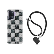 Oppo Reno 5 Lite Kılıf Boyun Askılı Checkers Marble 1370 Siyah