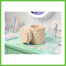 Bezos 3d Baskı Kabartma Kalp Desenli Kapaklı Kalemlik - Masaüstü Organizer - Bej Dmc