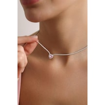 925 Ayar Gümüş Rodyum Kaplama Pembe Taşlı Suyolu Kolye