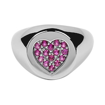 Kırmızı Taşlı Kalpli Küçük Parmak Yüzüğü Signed Ring -10382-w-r Beyaz