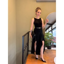 Ali Butik Siyah Kemerli Asimetrik Parçalı Elbise