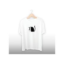 Siyah Kedi Baykuş Detaylı Unisex Tişört Beyaz