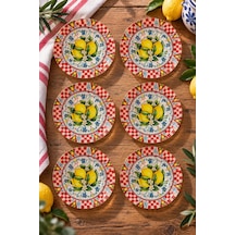 6 Lı Cam Çay Tabağı Limon Ve Kırmızı Dama Desenli 12 Cm 6 Adet Çay Tabak Sarı