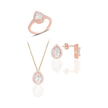 Gümüş Rose Zirkon Taşlı Damla Modeli Üçlü Set