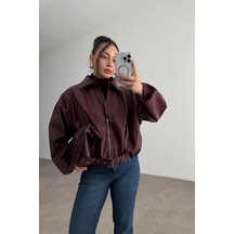 Pop Story Kadın Oversize Bomber Premium Deri Ceket Kemerli Bordo Bordo