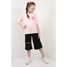 Toontoy Kids Toontoy Kız Çocuk 2'li Takım Baskılı Kapüşonlu Cepli T-shirt & Beli Lastikli Kapri Şort - Lazer Kesim Detaylı Pudra