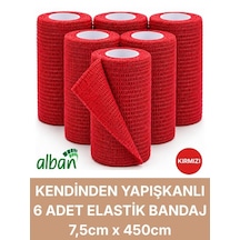 7,5cm 6'lı Set Kendinden Yapışkanlı Elastik Bandaj, Kohesiv Bandaj 7,5cm X 4.5m Spor, Bilek, Ayak Bileği, Veteriner Bandajı Kırmızı