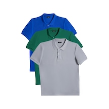 Tudors Erkek 3'lü Paket Saks Mavi-zümrüt Yeşili-gri Slim Fit Dar Kesim Pamuklu Düz Pike Polo Yaka Tişört-33096 Multi Çok Renkli