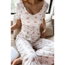 Bella Notte Ekru Çiçek Baskılı Süs Düğmeli Yazlık Pijama Takımı