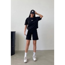 Ugly T-shirt Şort - Siyah Alt Üst Kombin Şort Tişört Takım Baskılı Oversize Bisiklet Yaka Siyah