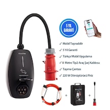 22kw V3 Türkçe Mobil Uygulama 5 Yıl Garanti, 8 Metre Tip2 Araç Şarj Kablosu, Taşıma Çantası Ve 220v Dönüştürücü Adaptör Dahil 22 Kw