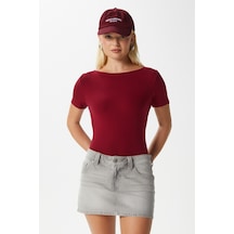 Ritnice Kadın Velvet Kayık Yaka Lux Touch Yumuşak Doku Kısa Kol Bordo Bluz Bordo