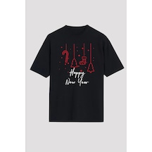 Yılbaşı Happy New Year Baskılı Kısa Kollu Oversize Bisiklet Yaka T-shirt - Siyah Çok Renkli