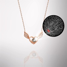 925 Ayar Gümüş 100 Dilde Seni Seviyorum Kalpli Melek Kanadı Kadın Gümüş Kolye Rose Gold