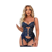 For Dreams Dantelli Büstiyer Jartiyerli Külot Takımı Lacivert