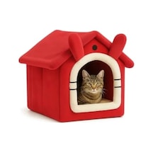 Yumuşak Kedi Yatağı Derin Uyku Evi, Çıkarılabilir Minderli, Isı Yalıtımlı Kırmızı