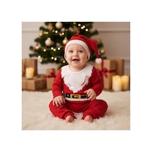 Babysena Noel Baba Kostümü Baskılı Bebek 3'lü Takım Kırmızı