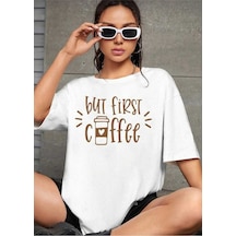 Kozia Outdoors But First Coffee Baskılı Overize Basic O Yaka T-shirt Beyaz