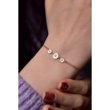 Papatya Silver 925 Ayar Gümüş Rose Kaplama Mineli Süzme Üç Papatya Bileklik