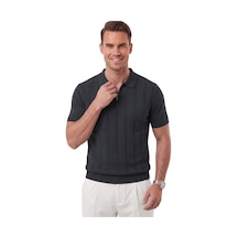 Deepsea Erkek Fermuarlı Polo Yaka Çizgi Dokulu Füme Triko Tişört Regular Fit Yumuşak Dokulu 2608007