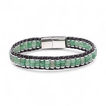 Yeşil Aventurin & Hematit Çelik Örgülü Deri Bileklik 8926 Yeşil