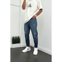 Boyfriend Lazer İşlemli Kot Pantolon Mavi