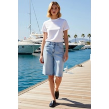 Benerly Kadın Boy Pantolon Yüksek Bel Bermuda Geniş Paça Kesim Denim Kuma Açık Mavi
