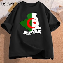 Flood Of Style Cezayir Bayrağı Harita T Shirt Cezayir Gezisi Tee Cezayir T-shirt O Boyun Grafik Tees Kadın E Siyah