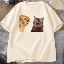 Flood Of Style Üzgün Kedi Mewing T-shirt Komik İki Kediler Meme Grpahic Konuşurken T Shirt Kadın Erkek Pamuk Haki