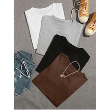 Düz Basic 4'lü Çoklu Kombin T-shirt - Beyaz Gri Siyah Ve Kahverengi Oversize Bisiklet Yaka Beyaz Gri Siyah Kahverengi-202571