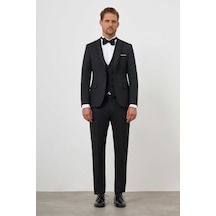 Morven Erkek Siyah Poliviskon Ceramonia Düz Desen Slim Fit Sivri Çıkma Yaka Damatlık Siyah
