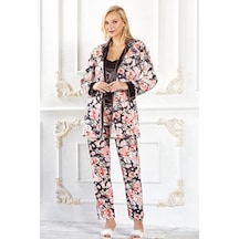 Kadife Sabahlıklı Askılı Pijama Takım Zarif Şık 3lü Set Özel Günler Flz 31-99 Desenli