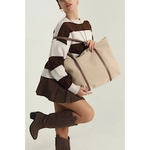 Lovelystore Çift Saplı Paraşüt Kumaş Büyük Boy Shopper Çanta Üniversite Ofis Anne Bebek Omuz Çantası 47x30x15 Krem