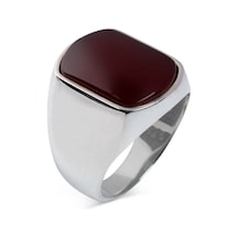 Takılingo Bordo Akik Taşlı Sade Model Erkek Yüzük Gümüş
