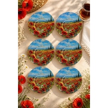 6 Lı Cam Çay Tabağı - Gelincik Tarlası Manzara Desenli 12 Cm - 6 Adet Çay Tabak Kırmızı