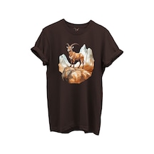 Dağ Keçisi Tasarımlı Avcılık Konseptli %100 Pamuk Regular Fit Bisiklet Yaka Unisex T-shirt Acı Kahverengi