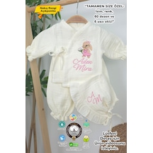 Gros Shop Müslin Yeni Doğan 4katlı Organik %100pamuk Kişiye Özgü Nakışlı Hastane Çıkış Seti Tavşan Modell-2 Ekru