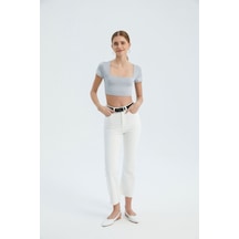 Hiccup Kare Yaka Temel Crop Top Açık Gri