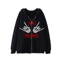 Tarzsokak Karanlık Gotik El Kemik Baskılı Fermuarlı Hoodie 14536 Siyah