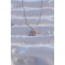 Ezoconcept Pirinç Gümüş Renk Pembe Zirkon Taşlı Papatya Kolye 001