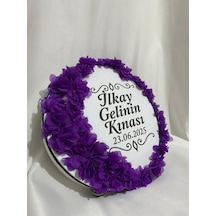 Gelin Tefi 30cm, İsim Ve Tarih Yazılı Yarım Ay Ve Kenar Süslemeli Tasarlanmış Kına Tefi Mor