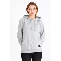 MMetalic Kadın Gri Renk Kapüşonlu Basic Örme Sweatshirt