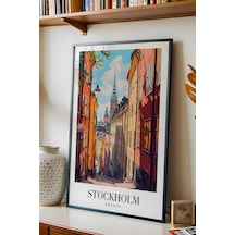 Stockholm Sweden Vintage Seyahat Posteri Çerçeveli Tablo - Premium Gamla Stan Elit Duvar Dekoru Siyah