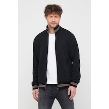 Comeor Erkek Siyah Regular Fit Dik Yaka Fermuarlı Uzun Kollu Hırk Siyah