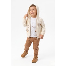Toontoy Kids Toontoy Erkek Çocuk 3'lü Eşofman Takımı Uzun Kollu Bisiklet Yaka Nakışlı T-shirt - Kapüşonlu Fermuarlı Hırka- Beli Paçası Lastikli Eşofman Altı 25052 Kahverengi