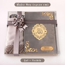 Şal + Tesbih + Kuran Hediye Seti Hafız Boy, Kadife, Şems Lafzatullah, Gri