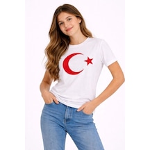 Kız Çocuk Tişört Bisiklet Yaka Ay Yıldız Bayrak Baskılı T-shirt - Beyaz